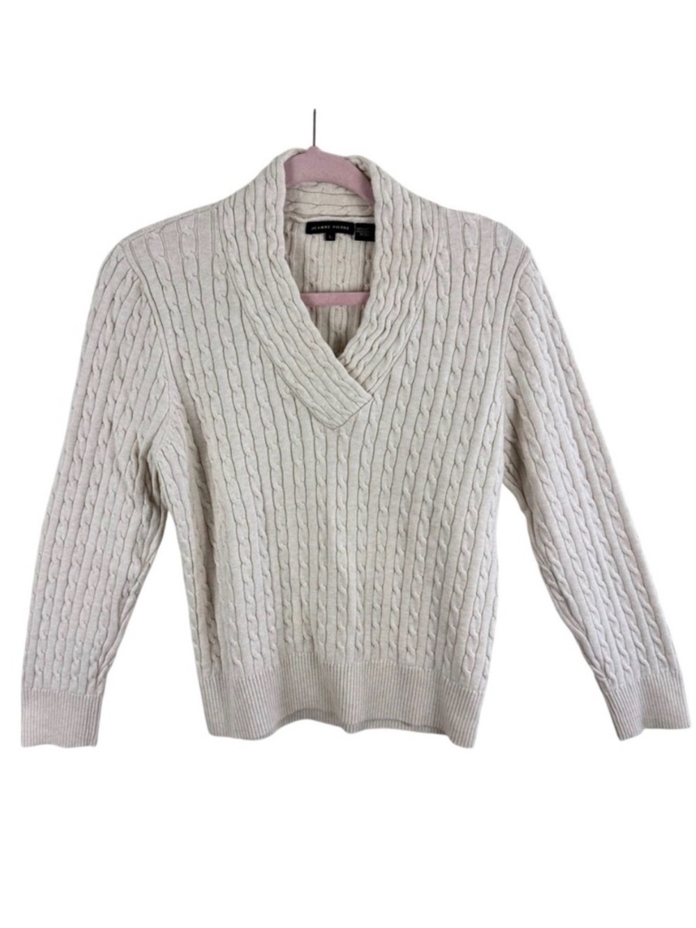 JEANNE PIERRE Womens Cable Knit Shawl Collar Sweater Beige Cotton Long Sleeve L